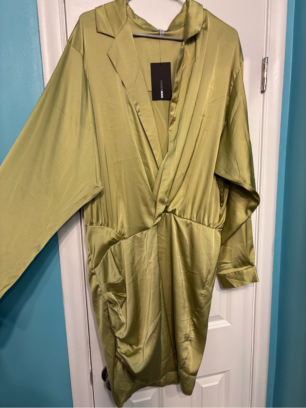 Fashion Nova Olive Satin Draped Wrap Jacket